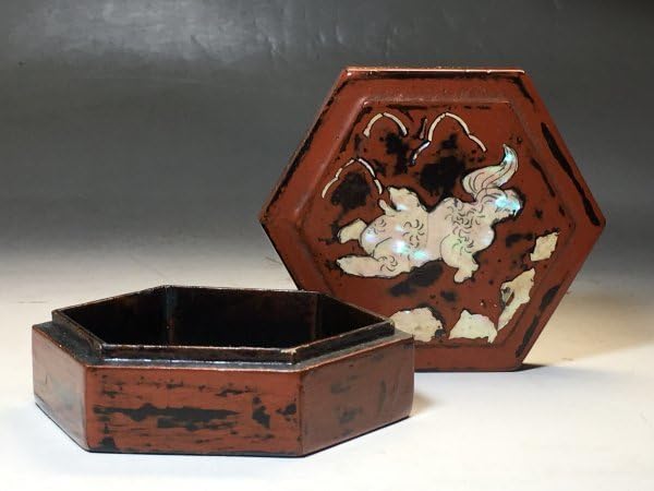 Amazon.co.jp: 573中国古玩根来塗螺鈿獅子図香合蓋物古仕覆付